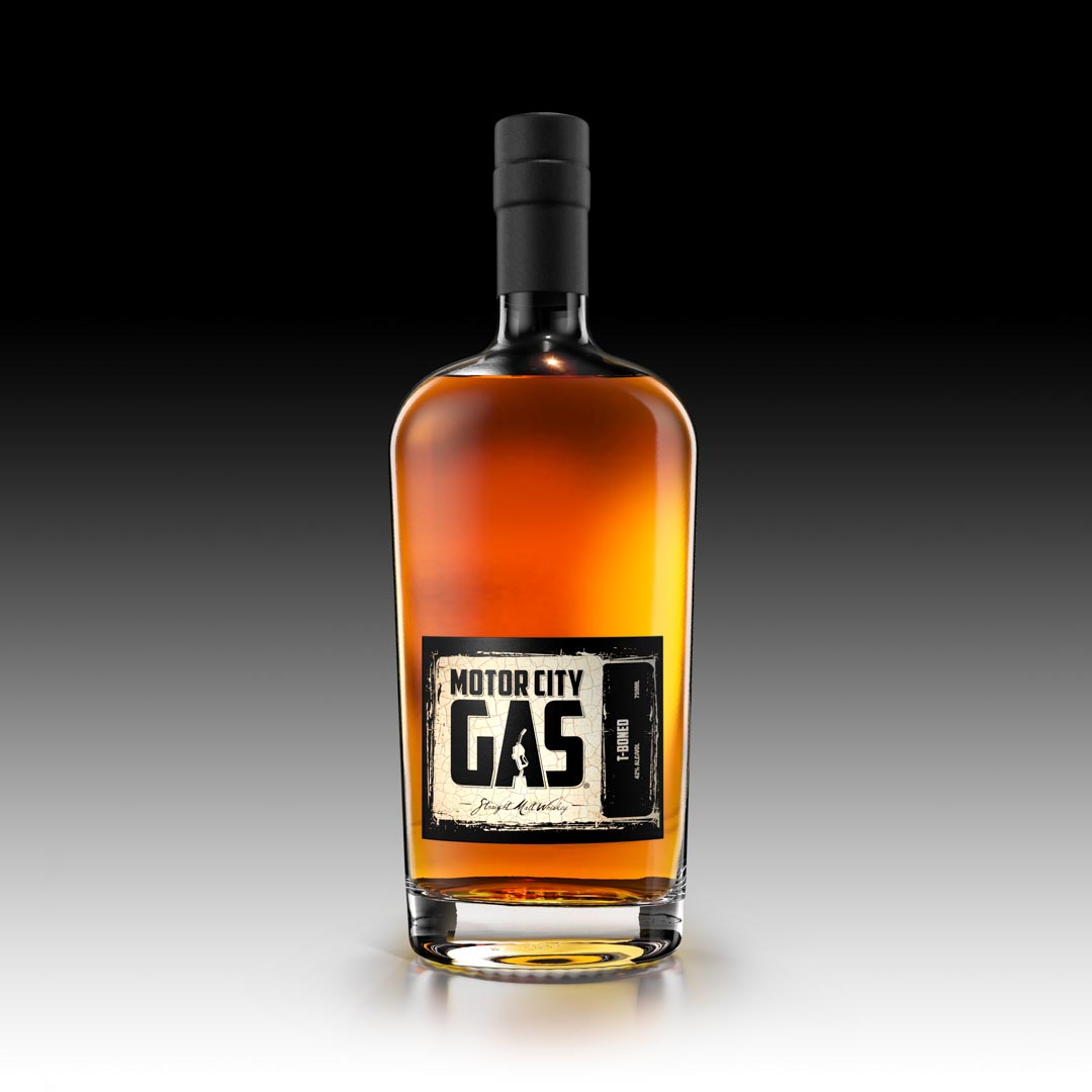 Motor City Gas Whiskey T-Boned Bottle Malted Rye Whiskey, Malted Wheat &amp; Malted Barley